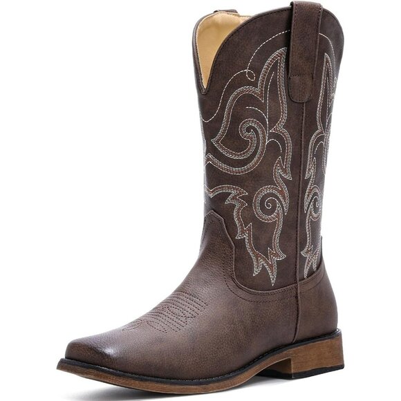 Shoes - Women Brown Square Toe Western Mid Calf Embroidered Cowgirl Pull On Boots